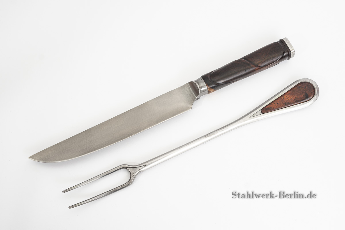 Tranchiergabel und Messer, Geschmiedet aus Silberstahl mit Cocobolo Holz